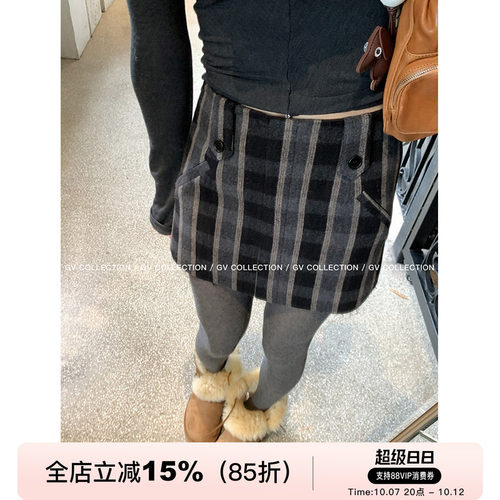 GV大白哥 中古London 羊毛呢子格纹撕破边防走光裙裤A字休闲裤女