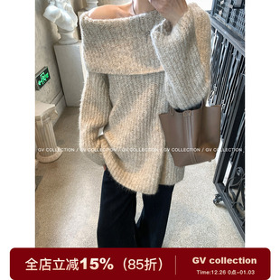 上衣女 羊毛露肩大翻领棒针廓形宽松毛衣冬季 GV大白哥 油栗奶卷