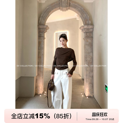 大翻领假两件羊毛针织上衣