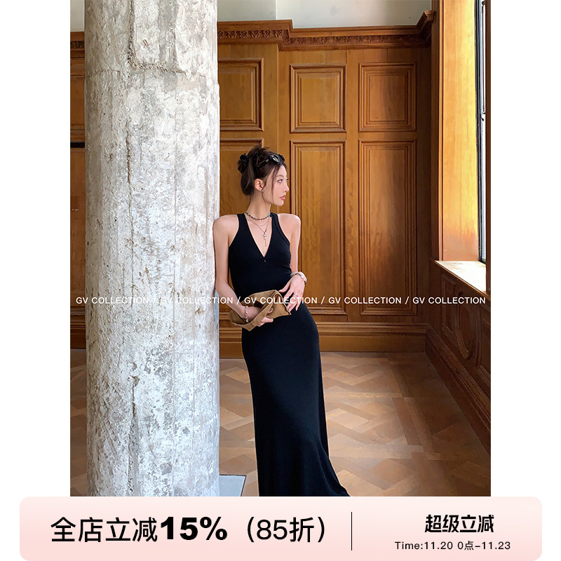 v领可调节两色收腰长裙连衣裙