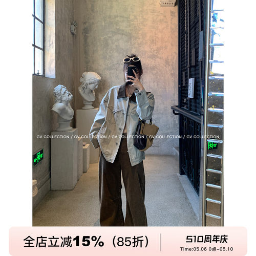浅色做旧水洗撞色领牛仔外套