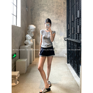GV大白哥 利落精英 解构分割修身针织纽扣T恤短袖设计感上衣女夏