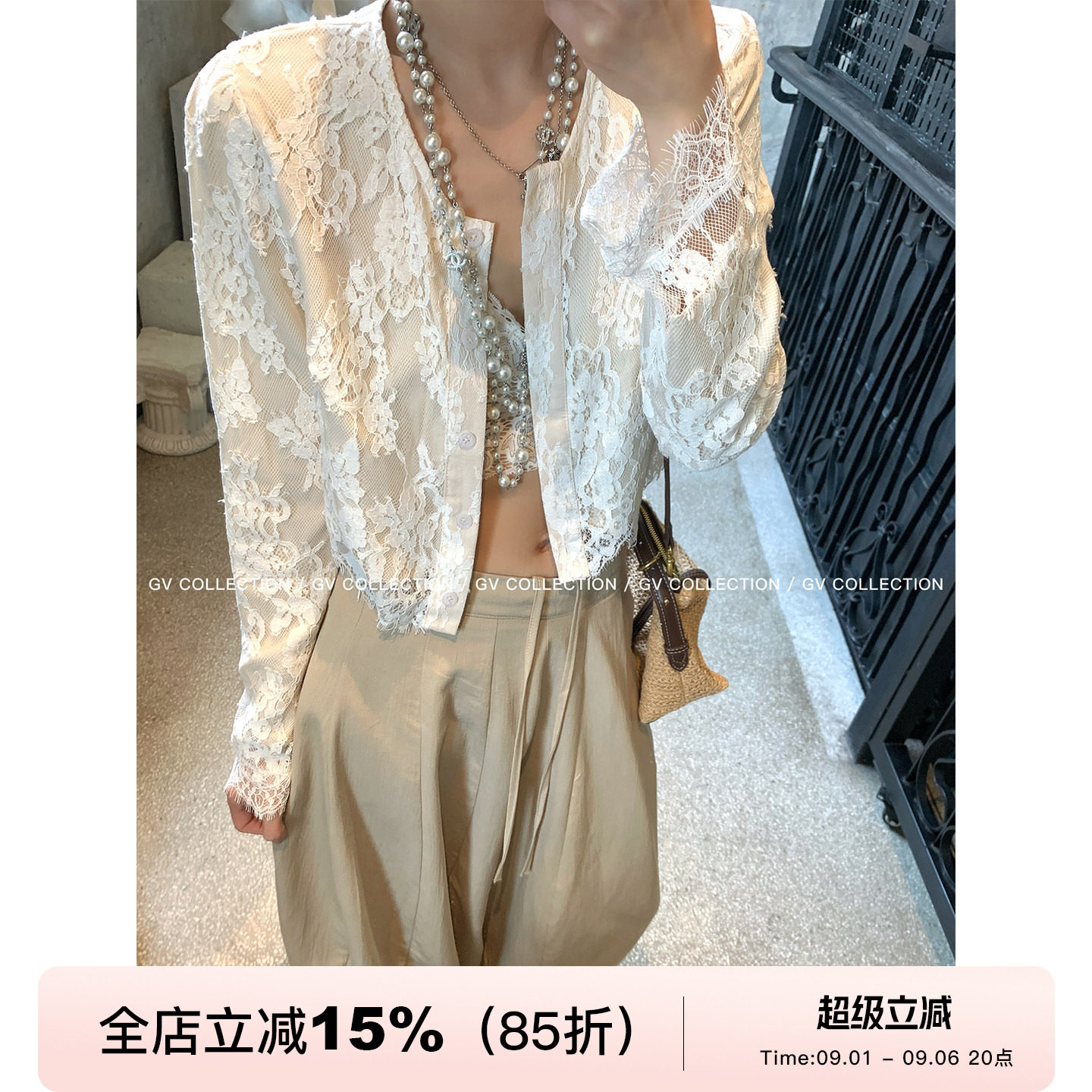 双层蕾丝正肩衬衣纽扣开衫外套图片