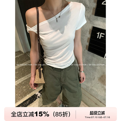 斜肩纽结弹力莱赛尔短袖上衣T恤