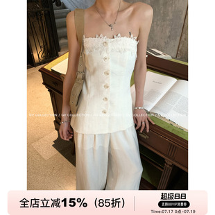 GV大白哥 水溶蕾丝 立体花朵刺绣抹胸直筒裤套装春夏新款设计感女