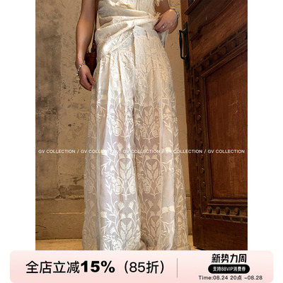 重工双层立体刺绣度假阔腿休闲裤