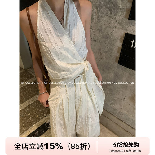 重工腰部系带上衣阔腿裤套装