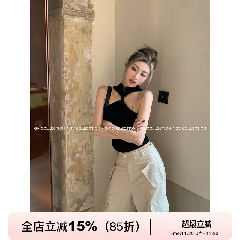 削肩背心上衣显肩线镂空