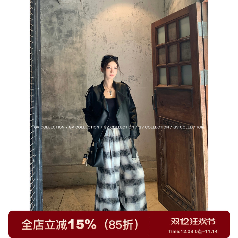 晕染格纹撞色软呢宽松阔腿裤