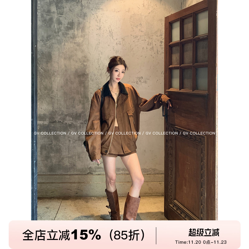 绒麂皮领撞色复古廓形夹克外套