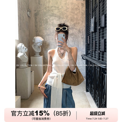 简约调挂脖针织收腰打结背心