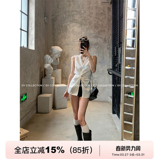 GV大白哥 棉麻随性感 纽结立体V领收腰无袖背心透气修身上衣女夏