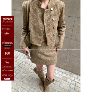 GV大白哥 常春藤千金 小香毛呢编织双排扣外套裙套装秋冬新款气质