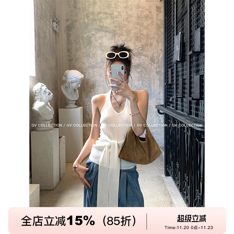 简约调挂脖针织收腰打结背心