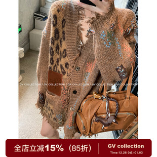 冬季 破碎流苏加厚撞色毛衣宽松开衫 外套女 重工皮标 GV大白哥