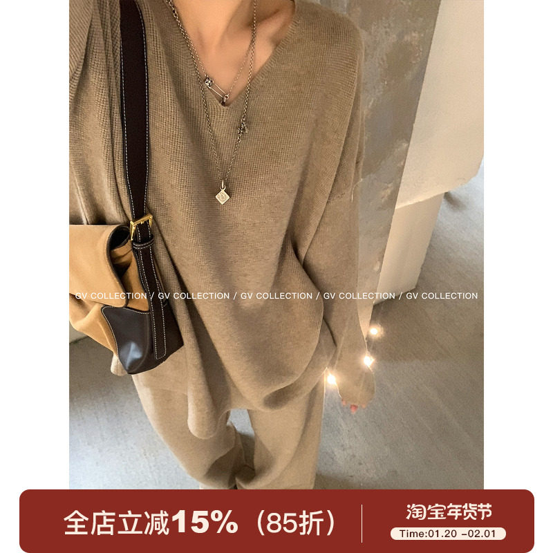 GV大白哥  松弛舒适区 V领华夫格针织上衣直筒裤套装秋冬新款女,女装/女士精品,时尚套装,淘宝优惠券,粉丝福利购,淘宝优惠卷