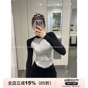 GV大白哥 随性调调 修身半高领棉撞色长袖T减龄百搭针织打底女秋