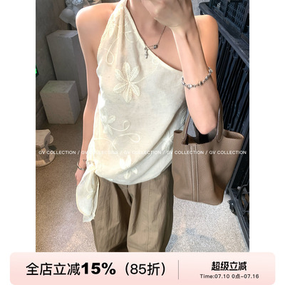 刺绣斜肩挂脖露背系结无袖背心
