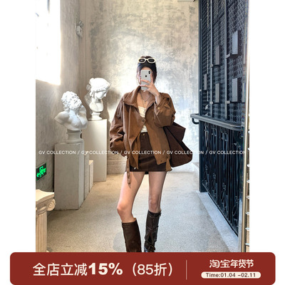 焦糖秋日翻领麂皮机车夹克外套