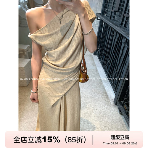 捏褶华夫格肌理嘎上衣半身裙套装