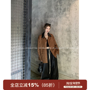 GV大白哥 古着私服 拼皮撞色polo领麂皮衬衫外套中古风休闲上衣女