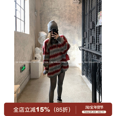 GV大白哥 雾纱圣诞岛 节日氛围复古红色条纹撞色毛衣宽松针织上衣