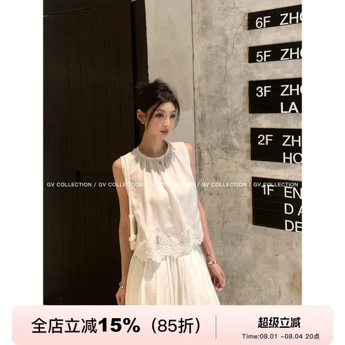 天丝棉麻立体蕾丝花边圆领背心