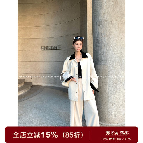 撞色polo领中长款可收腰风衣外套