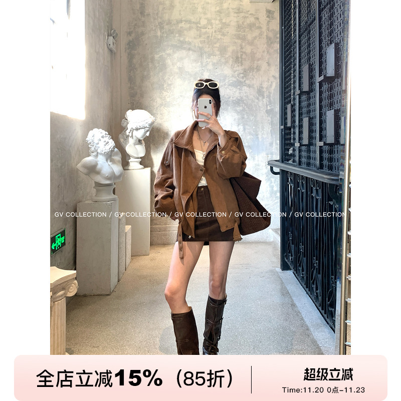 焦糖秋日翻领麂皮机车夹克外套