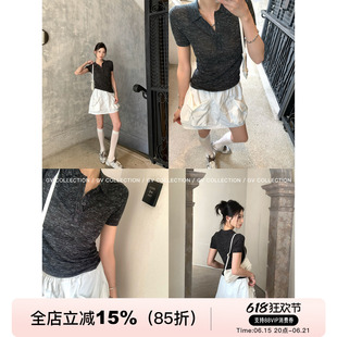 GV大白哥 轻薄呼吸 羊毛亚麻polo立领纽扣短袖上衣设计感百搭女