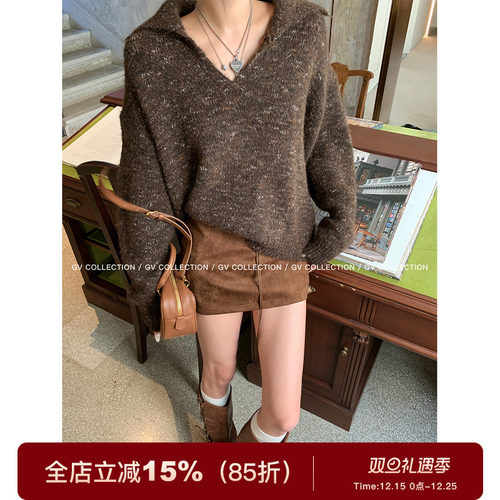 混色针织大翻领毛衣上衣