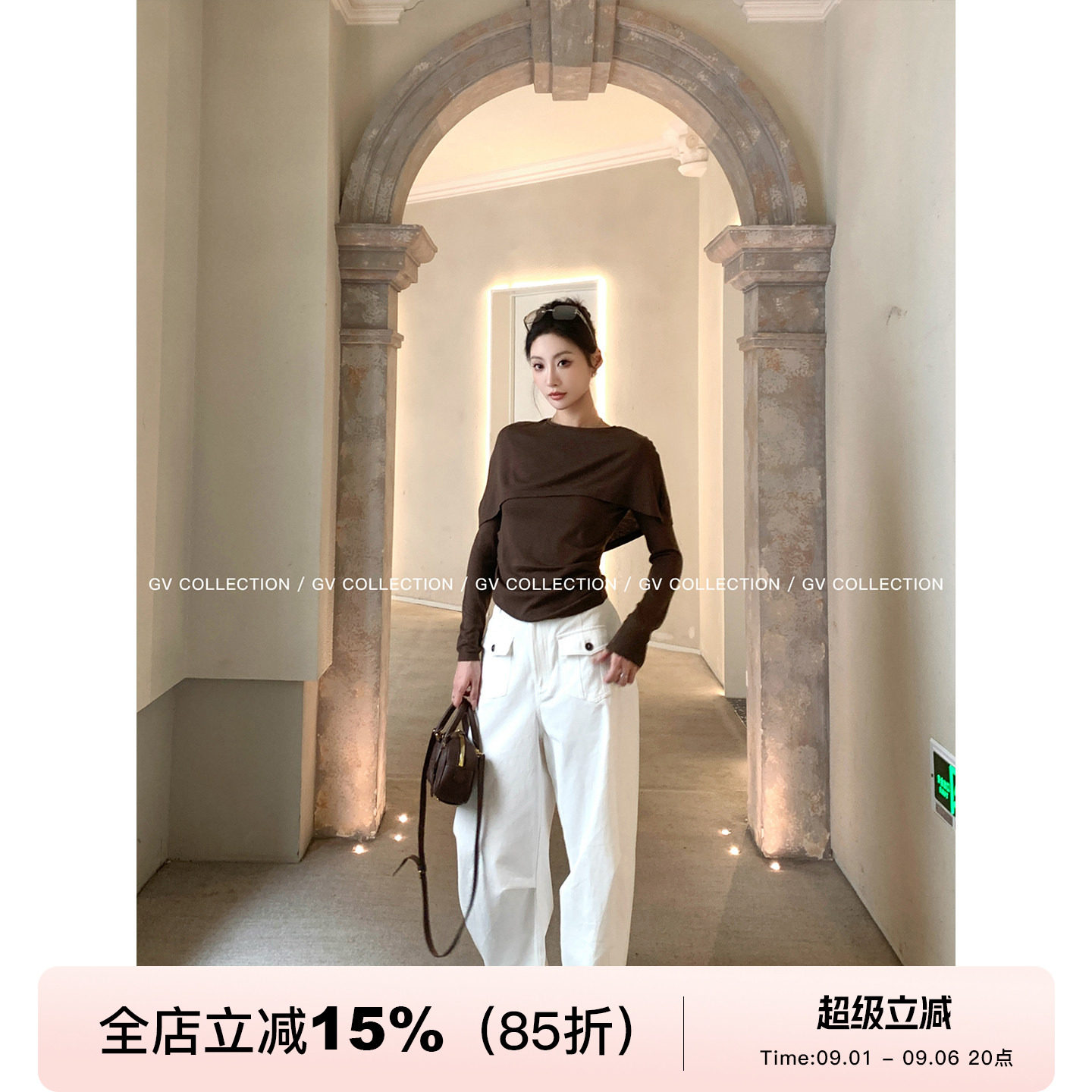 大翻领假两件羊毛针织上衣图片