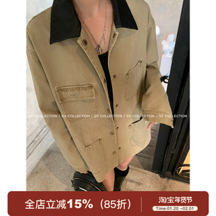 GV大白哥 重磅工装风 皮领撞色牛仔夹克外套街头风长袖上衣女春