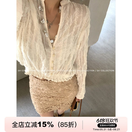 新中式立领肌理感V领衬衫上衣