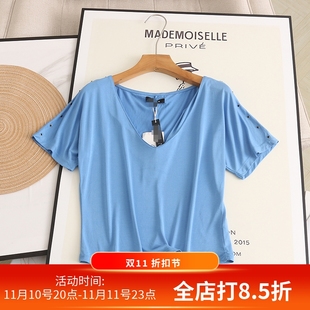 莫代爾70%高彈力純色短袖 修身 顯瘦舒適透氣薄款 上衣 V領T恤女時尚