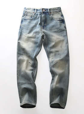 米西小铺复古情怀浅色绣线口袋水洗做旧中腰宽松小直筒青年牛仔裤