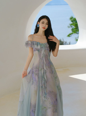 法式海边度假沙滩裙海岛绝美穿搭ootd吊带连衣裙收腰晕染仙女长裙
