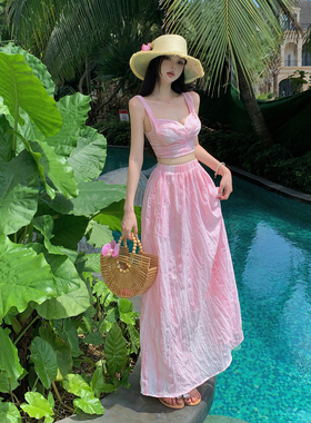 泰国海边度假套装粉色晕染吊带上衣高腰半身裙女夏季沙滩两件套裙