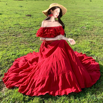 度假风一字肩荷叶边显瘦连衣裙