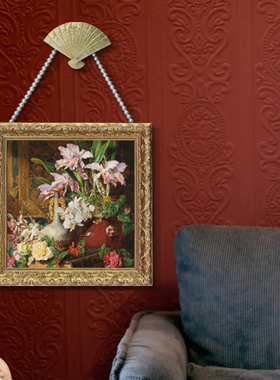 法式小众vintage中古装饰画轻奢复古风艺术挂画珍珠链花卉油画