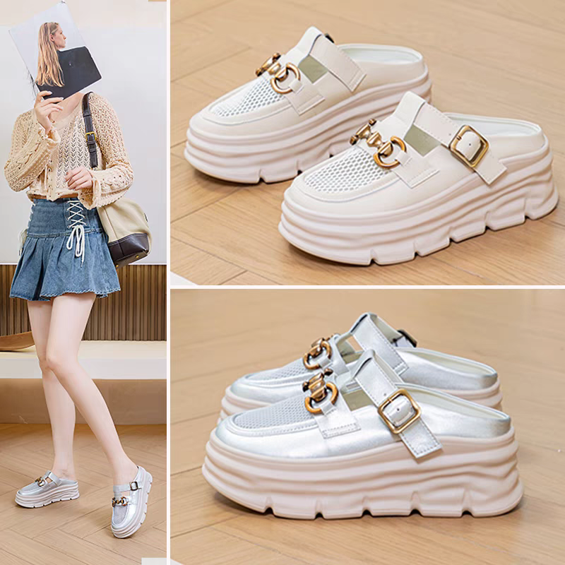 休闲厚底半拖鞋洞洞透气真皮凉拖