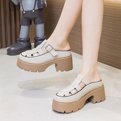 罗马粗跟凉拖真皮镂空小码半拖鞋