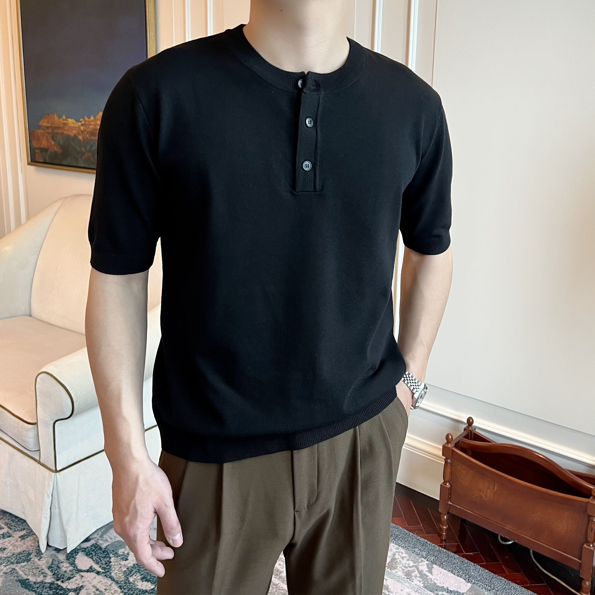 摩摹短袖休闲男士亨利领T恤