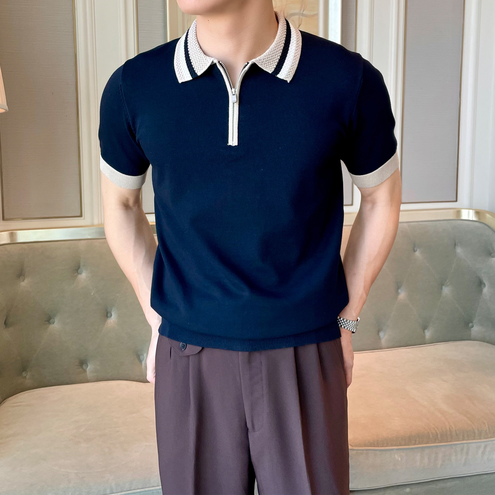 【编织设计】撞色休闲拉链短袖polo衫男夏季凉感透气半袖针织T恤