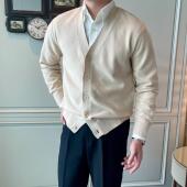 高端休闲轻薄针织开衫 男士 英伦复古V领纯色商务绅士毛衣外套春秋