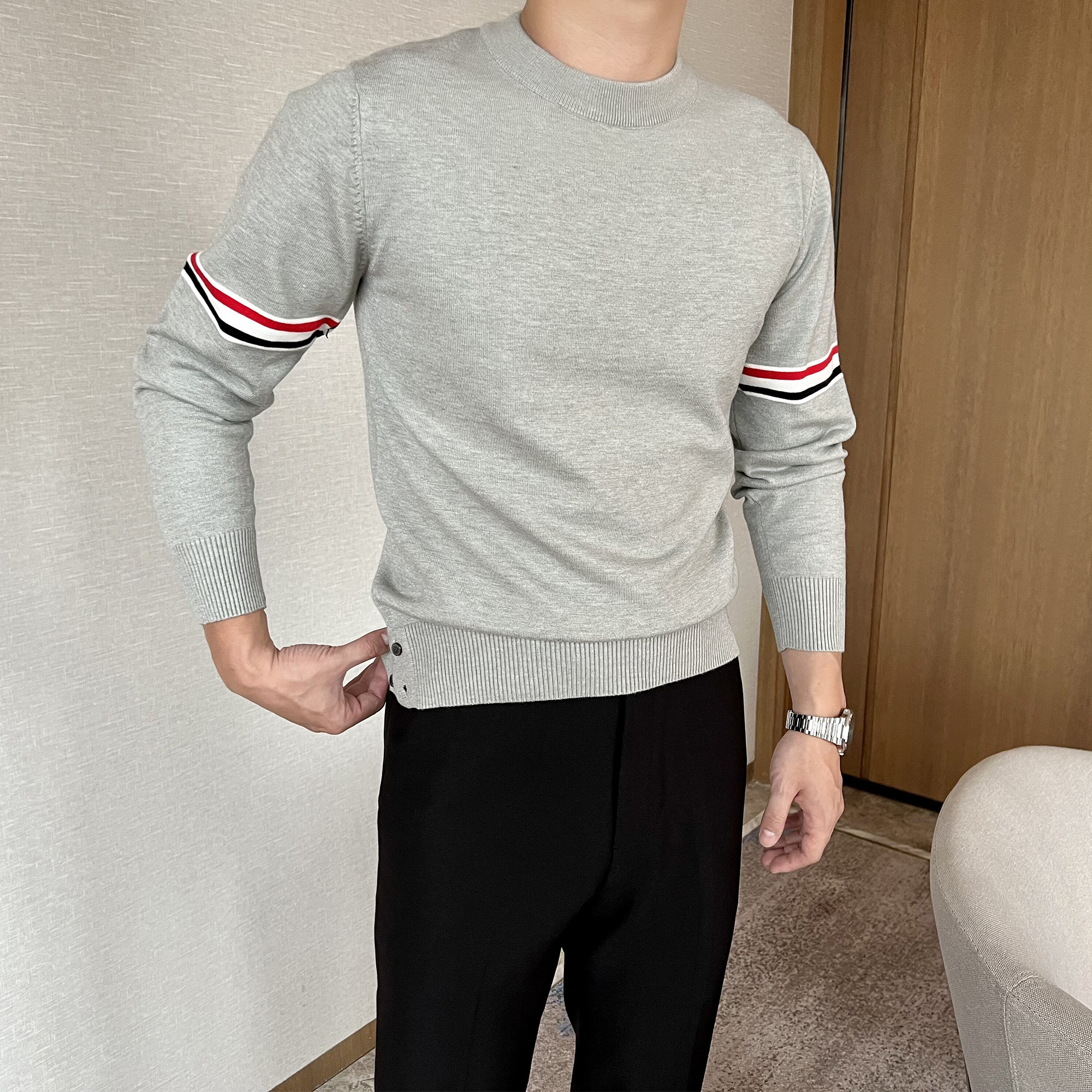 摩摹男装 秋冬高级感毛衣男英伦复古学院风修身撞色圆领针织衫男