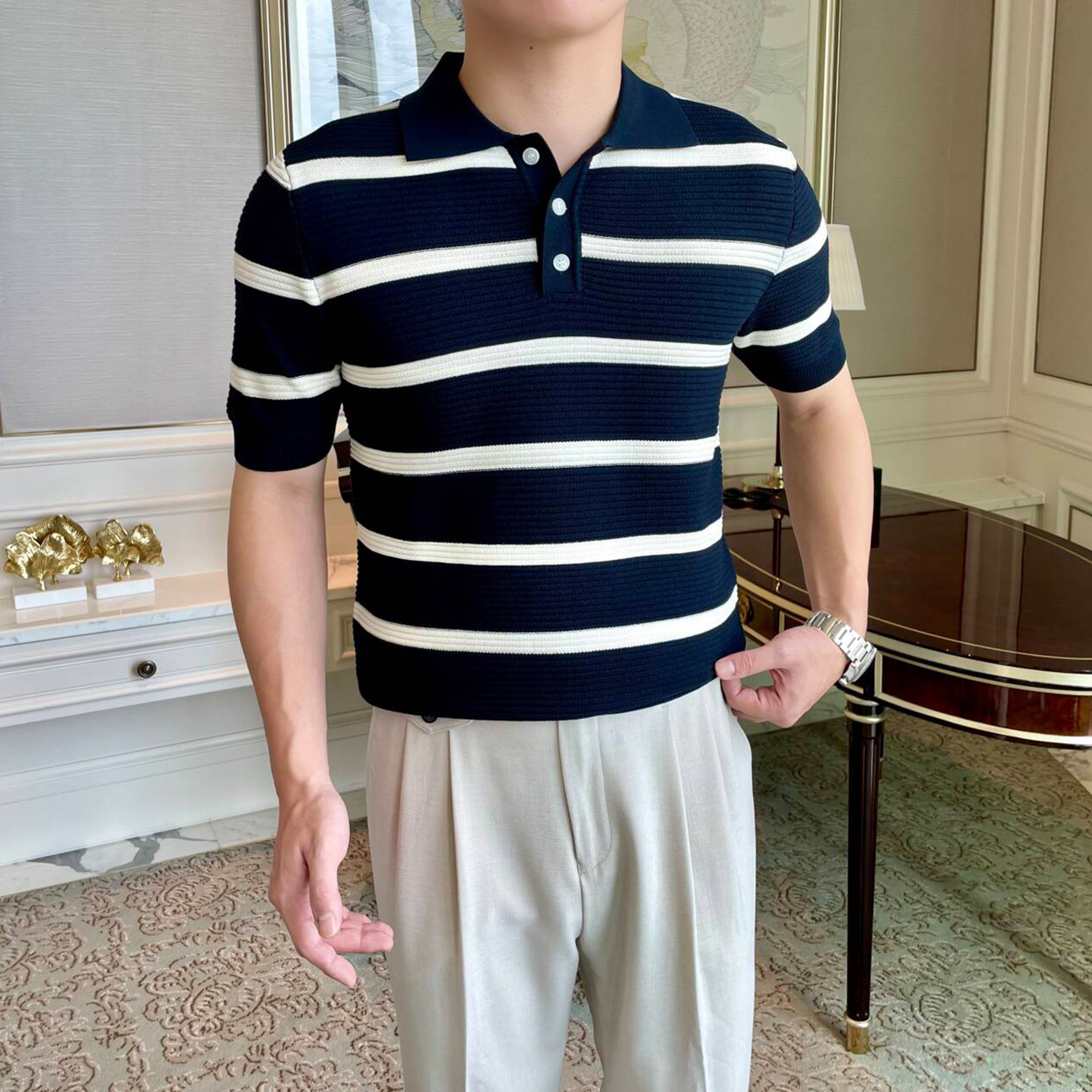 2026新款条纹短袖polo衫男翻领修身百搭商务翻领针织T恤夏季上衣,男装,Polo衫,淘宝优惠券,粉丝福利购,淘宝优惠卷