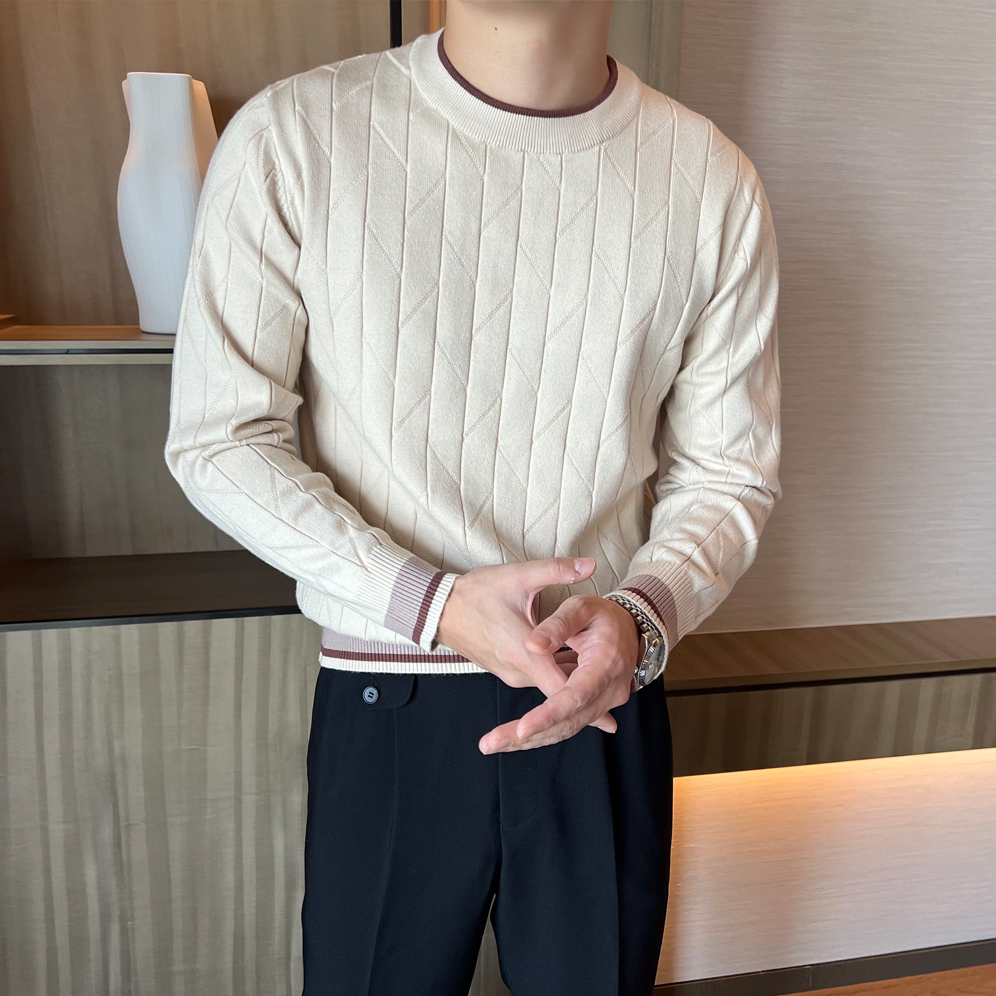 摩摹男装 高端条纹提花圆领毛衣男士复古轻熟撞色修身长袖针织衫