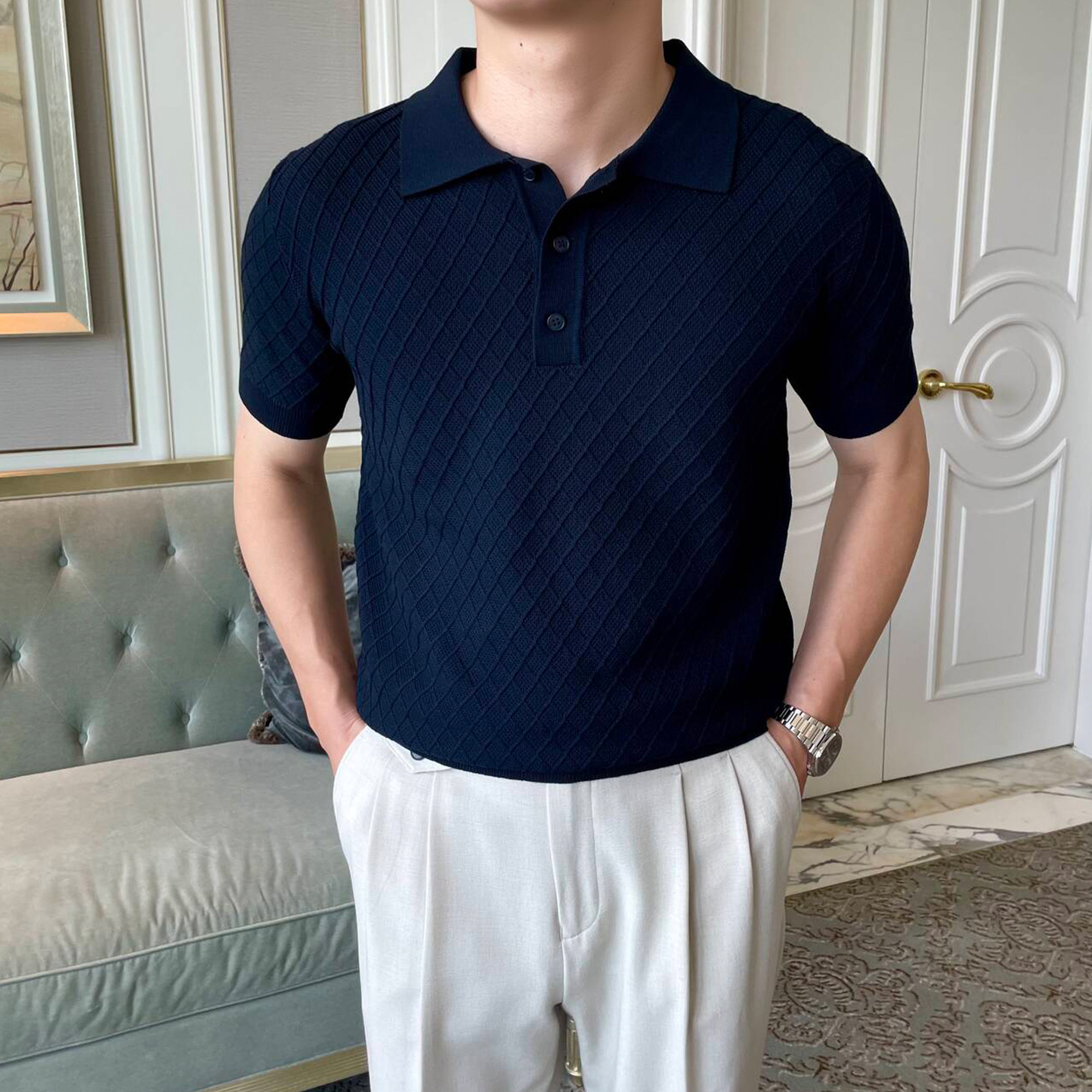 摩摹2026春夏男士短袖POLO衫翻领修身商务绅士风菱形提花针织T恤,男装,Polo衫,淘宝优惠券,粉丝福利购,淘宝优惠卷