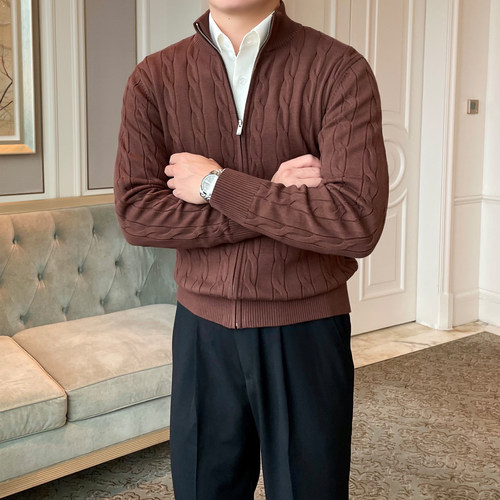 意式复古麻花纹立领针织开衫